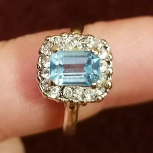 Faux aquamarine, cubic zirconia, & silver ring. About a size 7